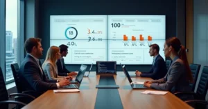 Gestor de TI analisando opções de licenciamento JetBrains em painel com equipe