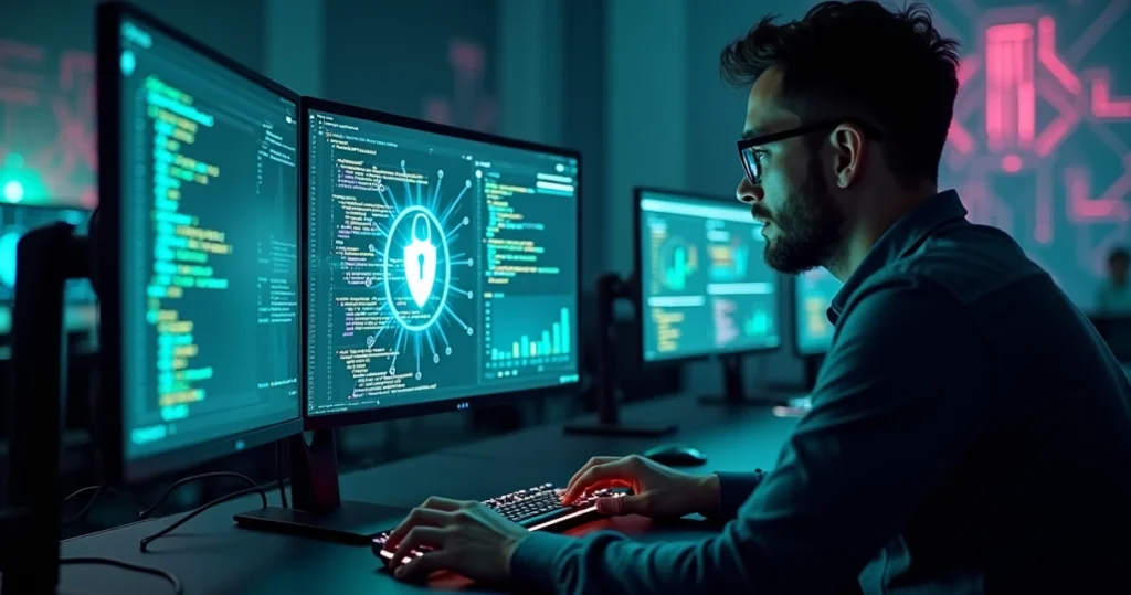 Desenvolvedor analisando código em tela com ícones de segurança e cadeado digital