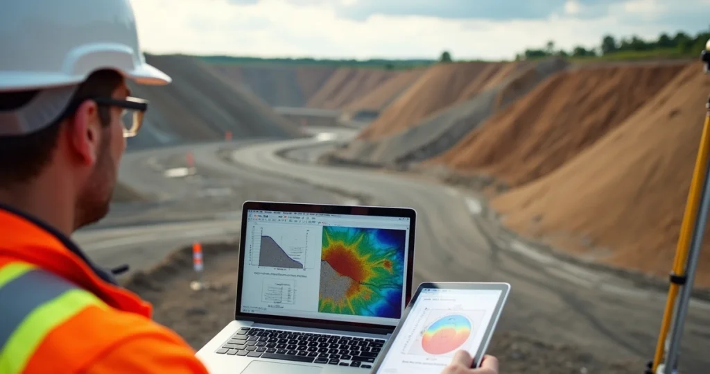 Engenheiro analisando a estabilidade de um talude em obra com modelo 3D no notebook