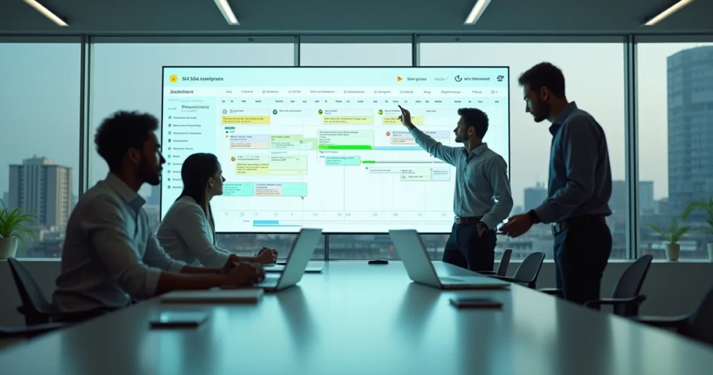 Sala de reunião moderna com painel digital de gestão de projetos com IA