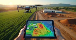 Drone sobrevoando área agrícola e construção com mapa 3D colorido em tablet