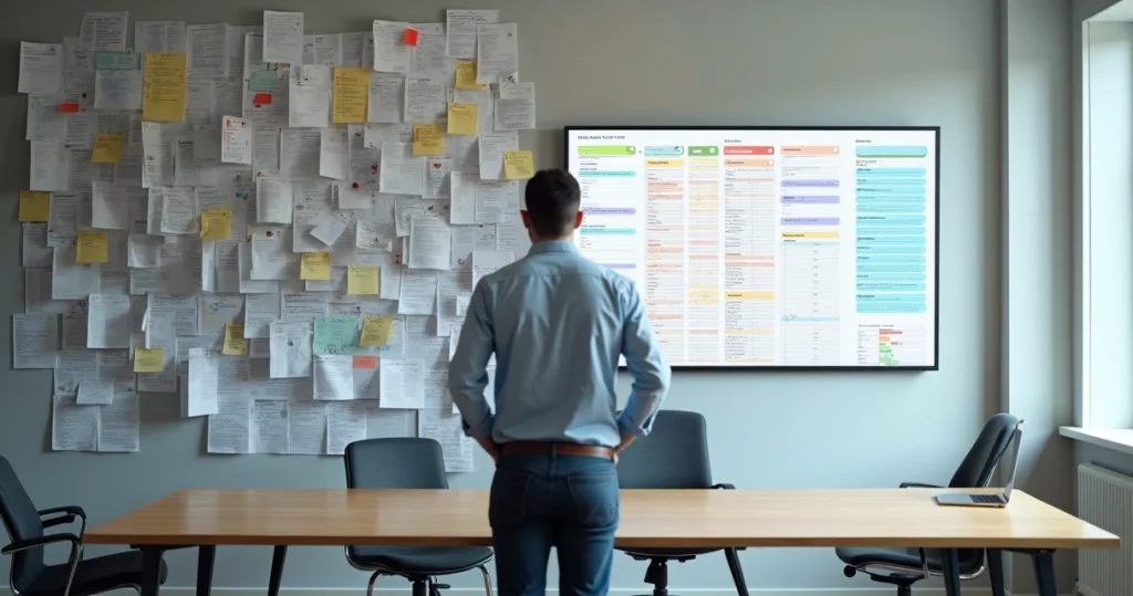 Profissional substituindo parede cheia de planilhas por painel digital organizado