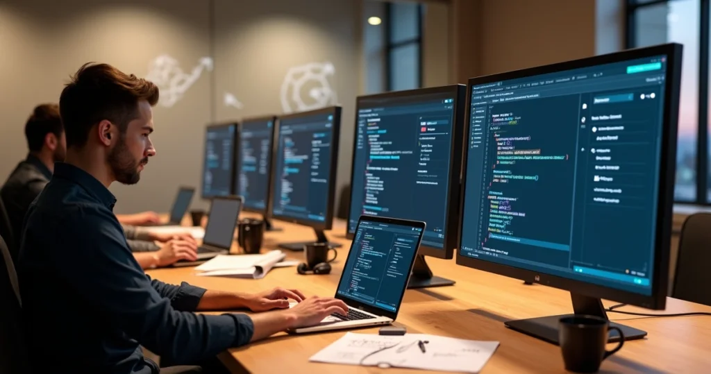 Vários desenvolvedores sincronizando configurações da mesma IDE em laptops diferentes
