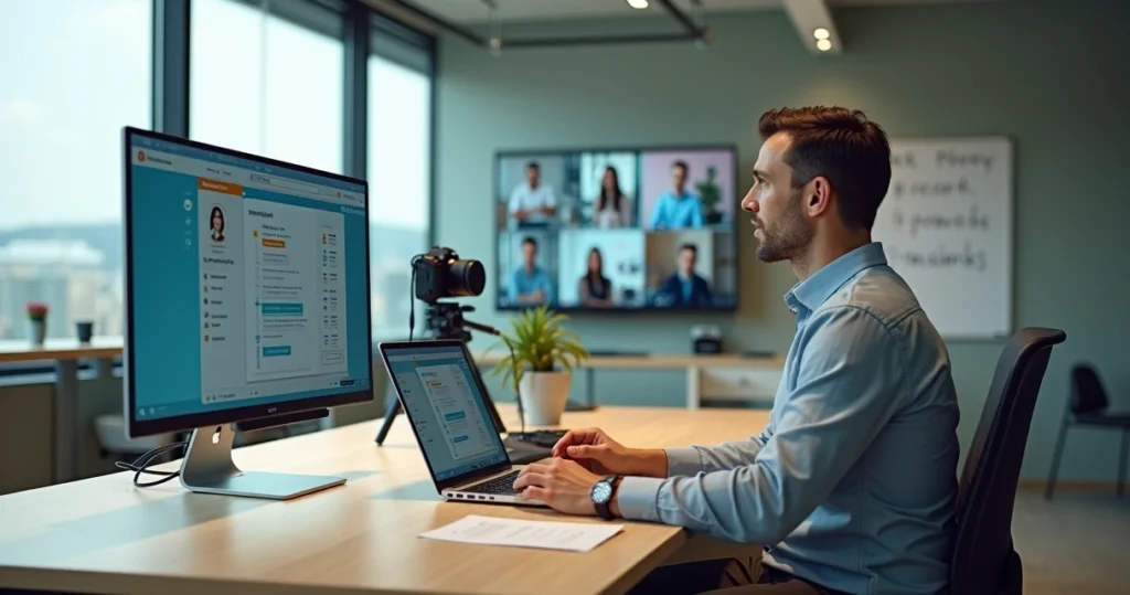Gestor gravando videoaula para equipe remota em escritório moderno